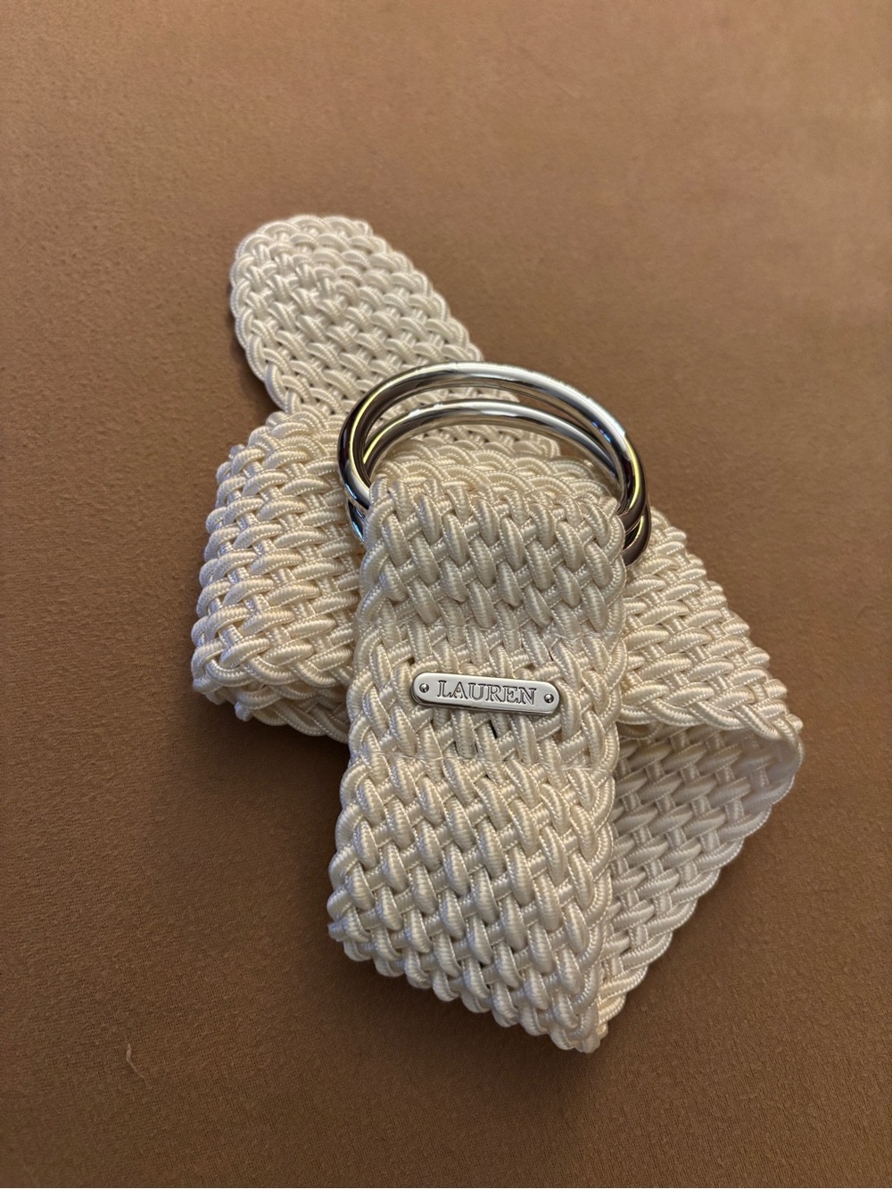 Lauren Ralph Lauren Cream Woven Belt with Double Ring Buckle